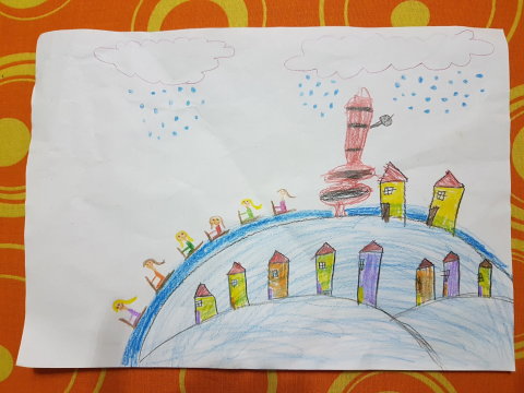 Szabó Anna Veronka, 7 éves - szánkózás a Mecseken (a rajzon a Mecsek hegység és a pécsi TV torony látható a barátokkal)