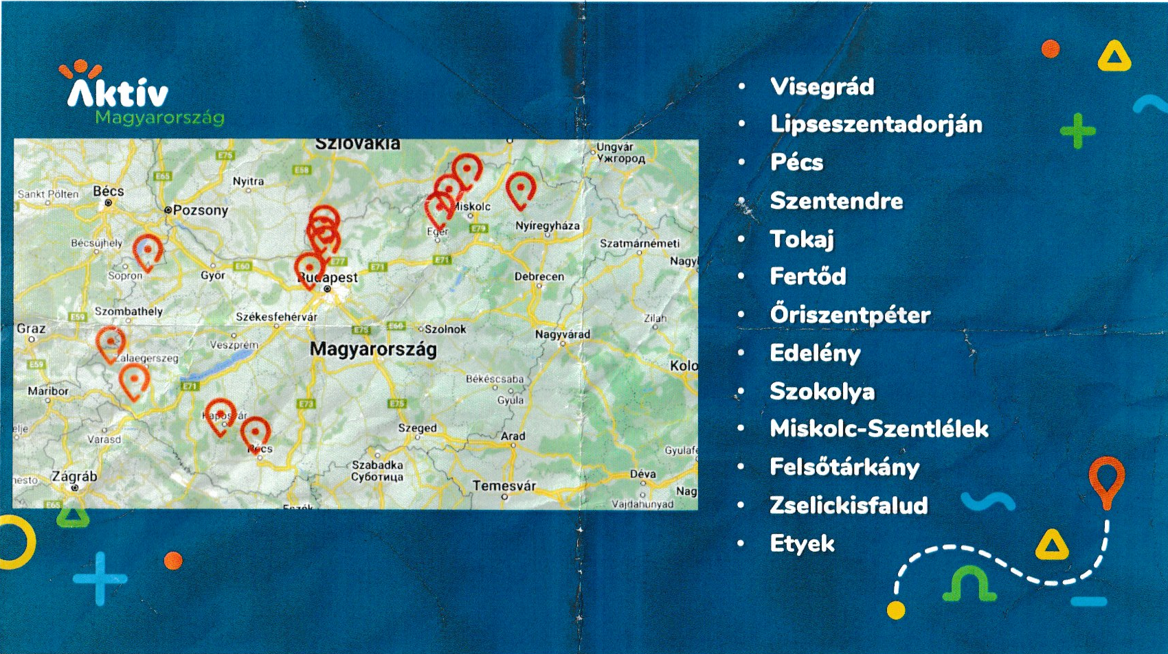 Ezen a 13 településen érhető el az Aktív Magyarország e-bike flottája és a szervezett túrák:  Visegrád, Lipseszentadorján, Pécs, Szentendre, Tokaj, Fertőd, Őriszentpéter, Edelény, Szokolya, Miskolc-Szentlélek, Felsőtárkány, Zselickisfalud és Etyek