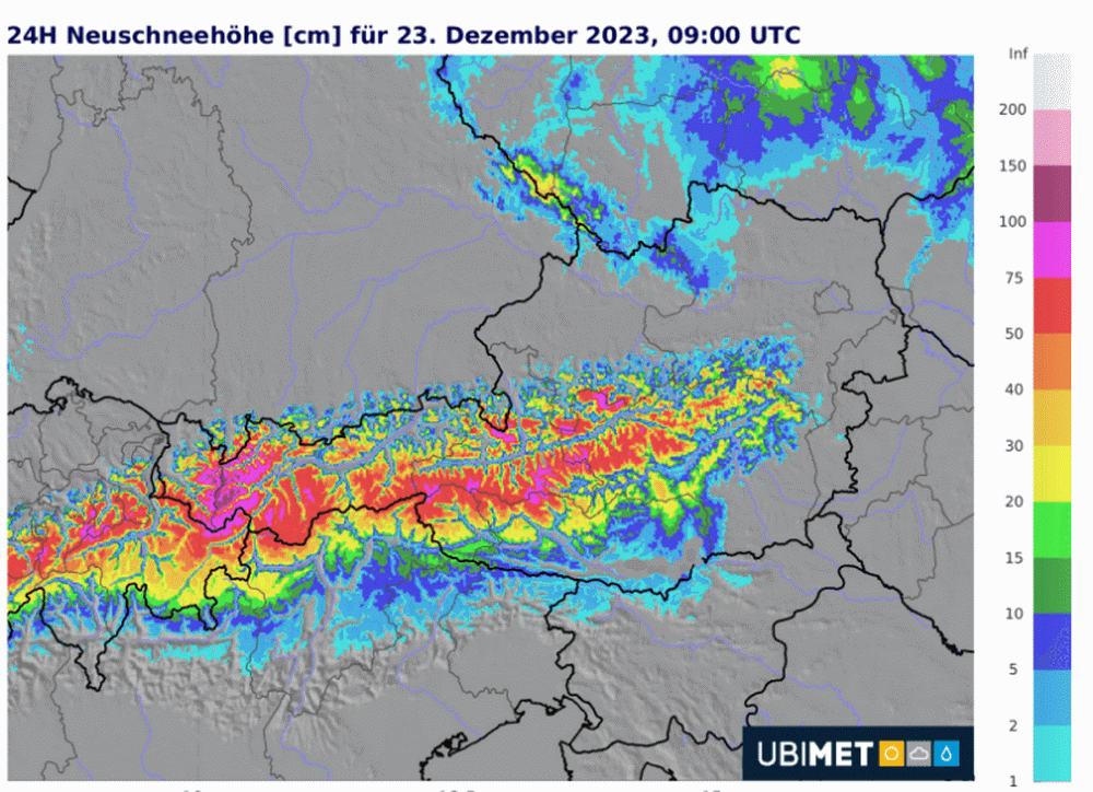 Az ausztriai havazás várható mennyiségei december 23-ig (Ubimet)