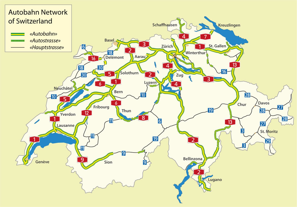 Svájc gyorsforgalmi úthálózata 2020-ban | Forrás: Wikipedia