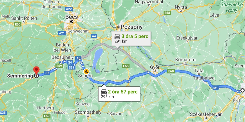 Semmeringre tartva Sopronon át nem csak időt takaríthatunk meg, de elkerülhetjük a hegyeshalmi határátkelőt is. Forrás: maps.google.com