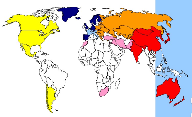 A színessel jelölt országokban lehet síelni. Forrás: vanat.ch