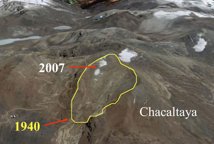 A gleccser határa 1940-ben és a 2007-es állapot (http://e360.yale.edu)