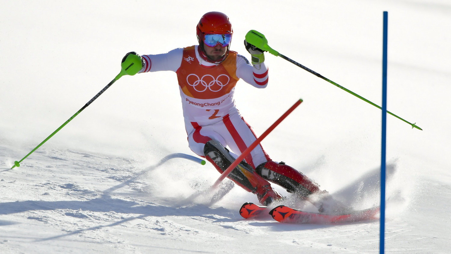 A későbbi győztes osztrák Marcel Hirscher a phjongcshangi téli olimpia férfi kombinációs verseny műlesikló futamában a Dzsongszon Alpesi Központban 2018. február 13-án. MTI Fotó: Czeglédi Zsolt