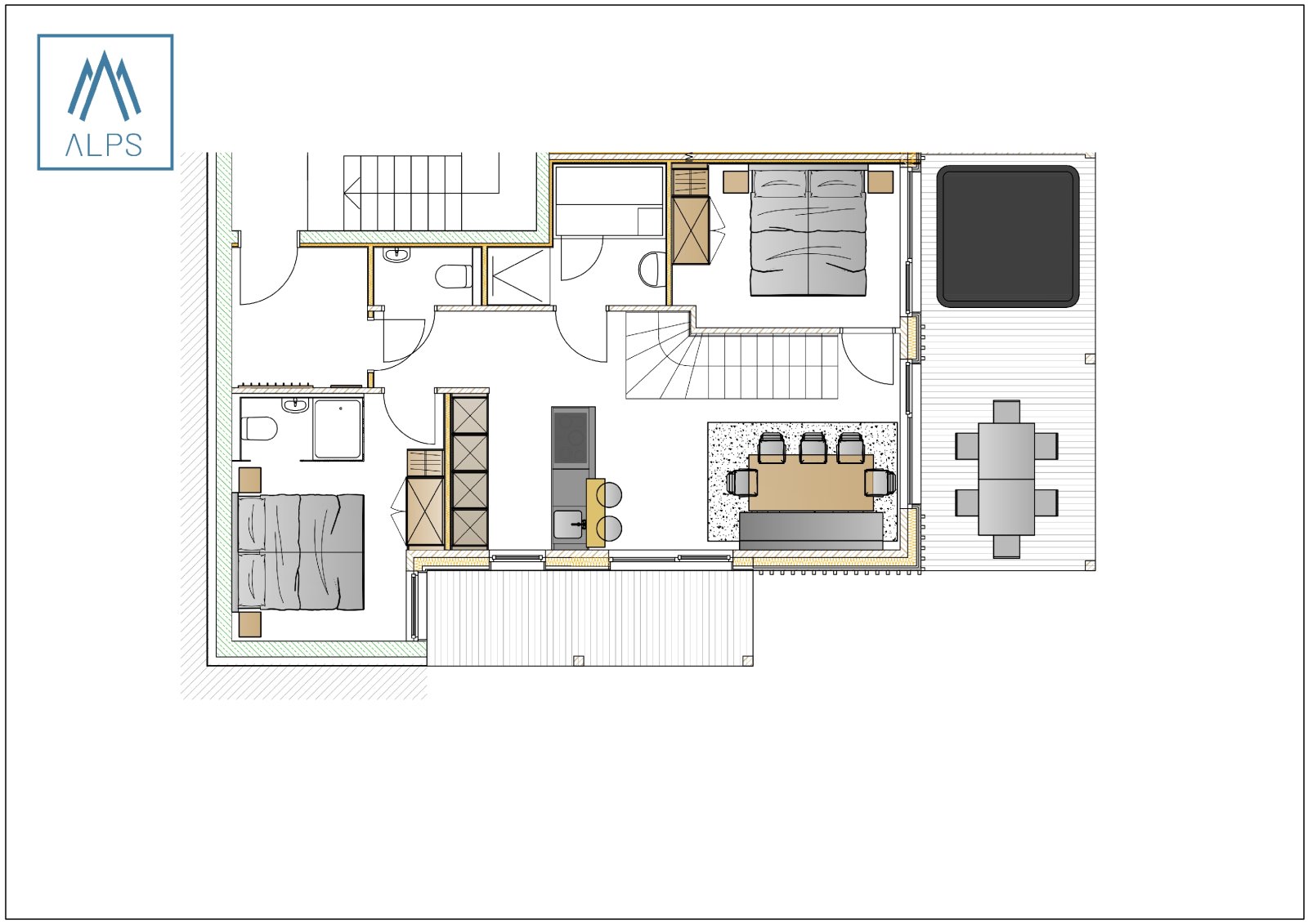 Galériás Superior apartman szaunával, pezsgőfürdővel - 95 m2 / 4 fős - földszinti alaprajz