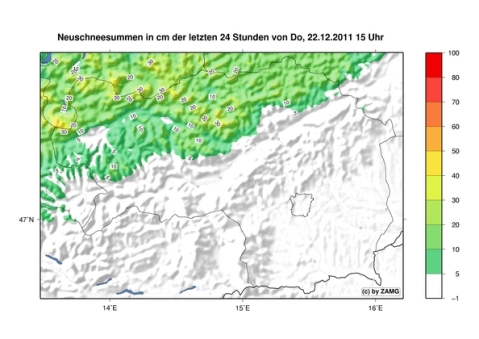 Utolsó 24 órás gyarapodás, melyen látszik, hogy csak északon esett (forrás: http://lawine-steiermark.at)