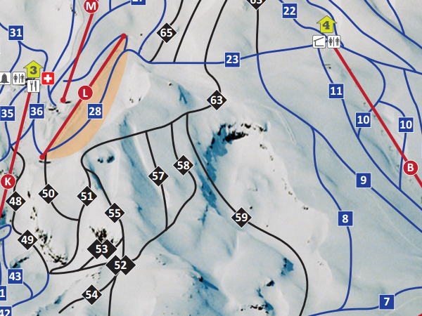 A baleset helyszíne: a 63-as szám alatti szakadékot még sítérképen is jelzik, Johnstone a kék pályától gyalogolt a fekete irányába