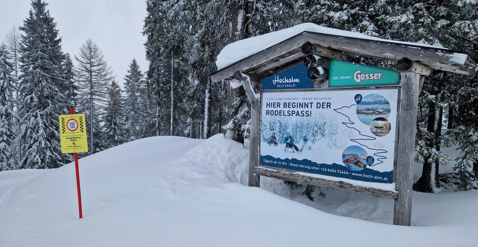 A Hochalm Hüttétől indul és az Almdorf Reiteralm-ba érkezik a 4,2 km hosszú kivilágított szánkópálya Reiteralmon. | Kép: sielokhu (2026)