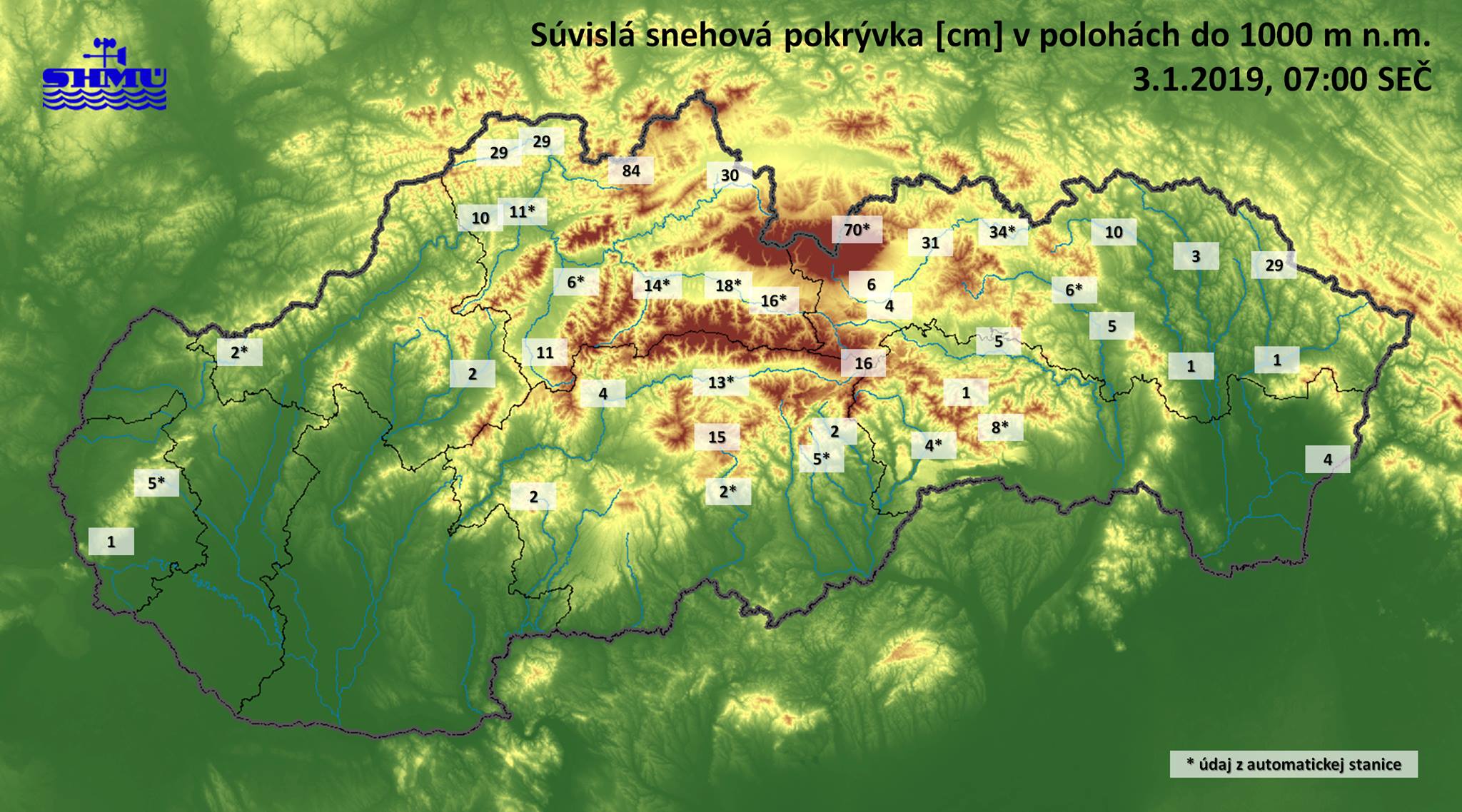 Ma reggel 7-kor mért hóadatok az 1000 méter alatti településeken. Forrás: Szlovák Hidrometeorológiai Intézet