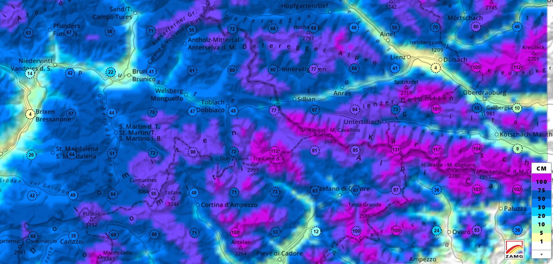 Várható havazás mennyisége az osztrák-olasz határ két oldalán, Kelet-Tirol és Észak-Tirol (ZAMG)