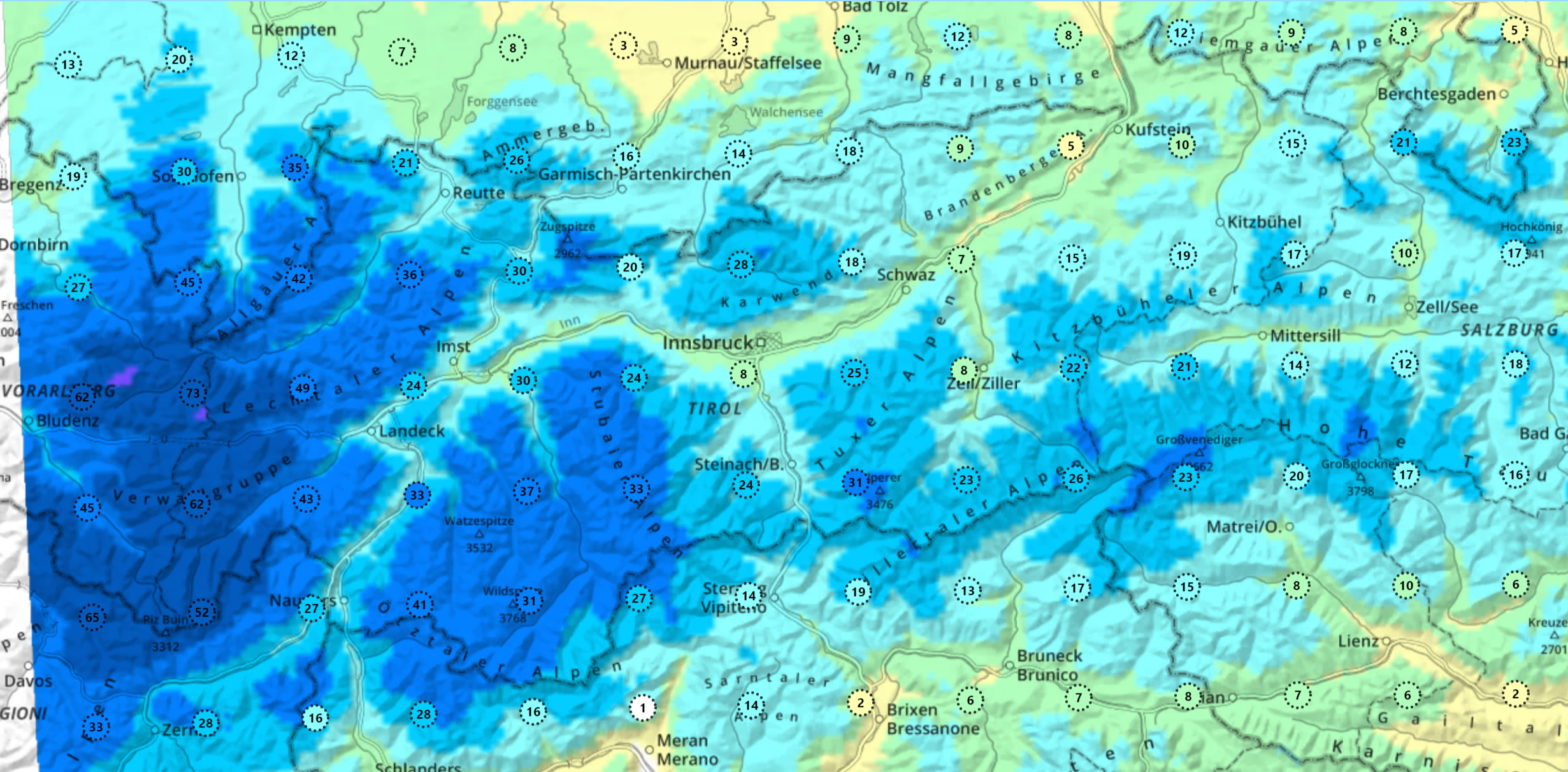 Nyugat-Ausztria: a Tiroli Lavina Intézet számításai a hómennyiségre centiméterben