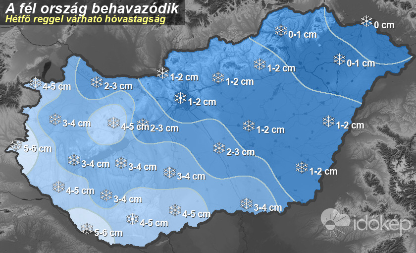 Hétfőre várható havazás területi eloszlása (idokep.hu)