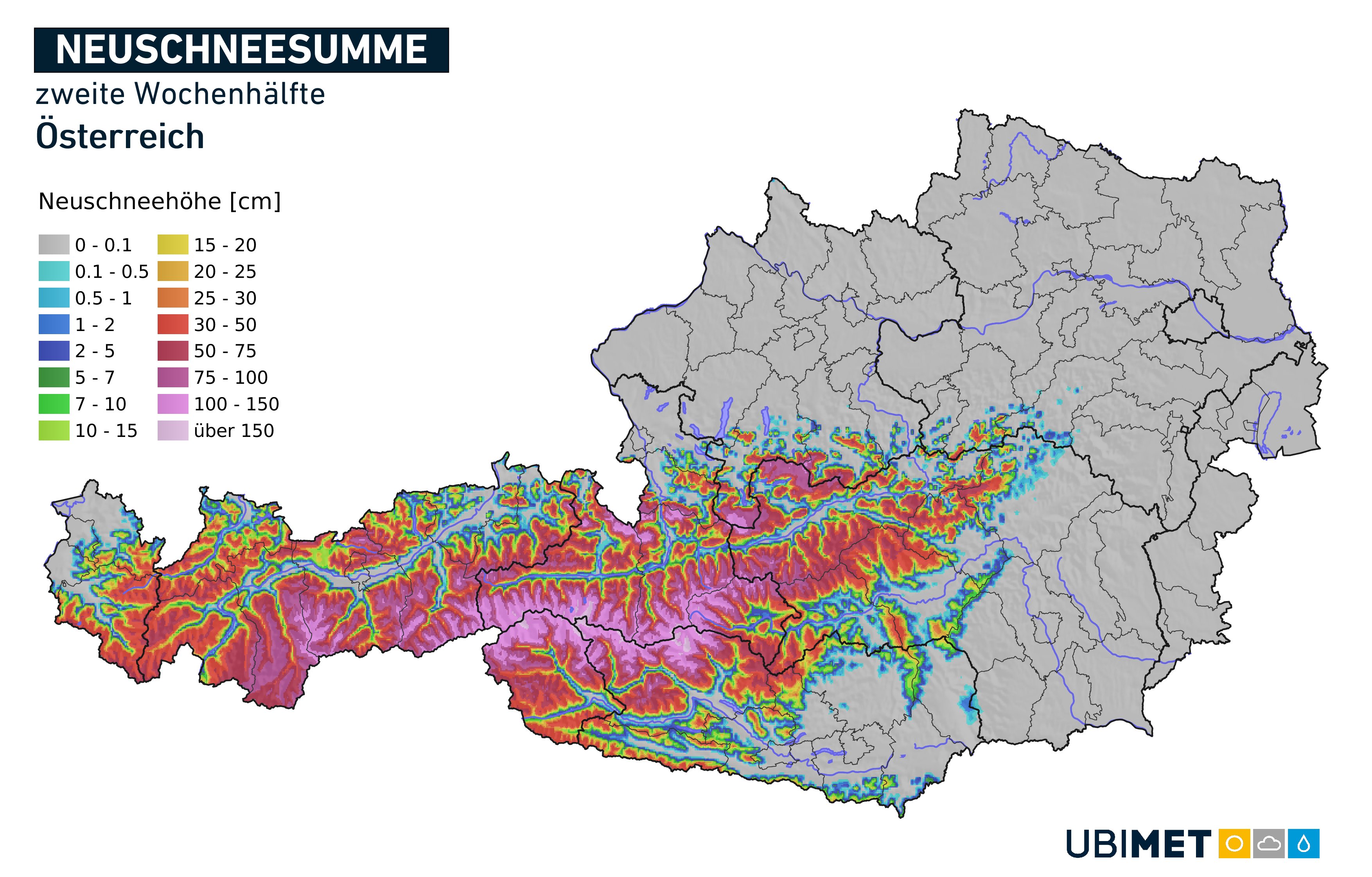 A hét második felére várható hómennyiségek, ha jobban megnézzük láthatunk 150 cm feletti régiókat is az Ubimet számításai szerint - Forrás Ubimet