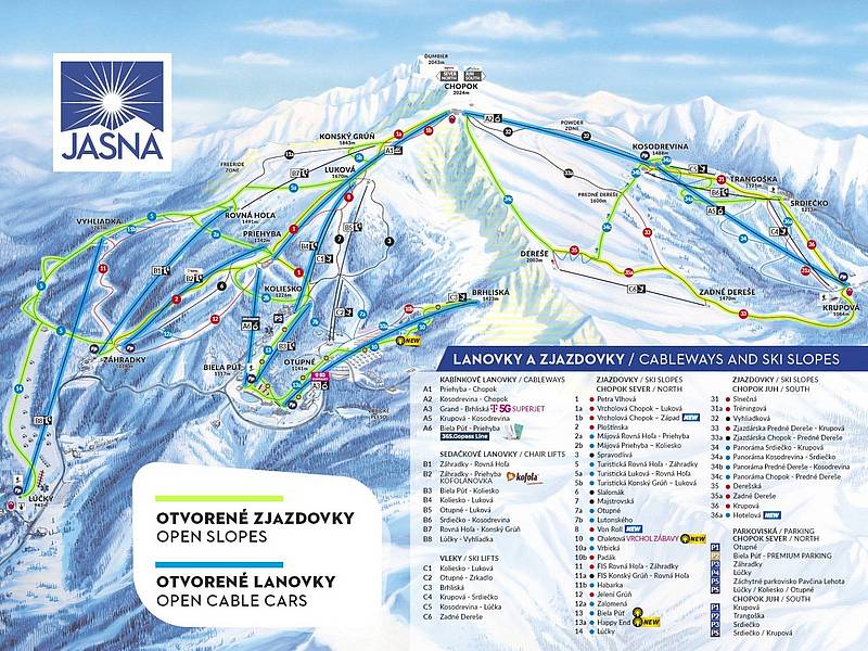 Jasná: a hétvégén üzemelő pályák. Északon 7, délen 5 darab, összesen 12.