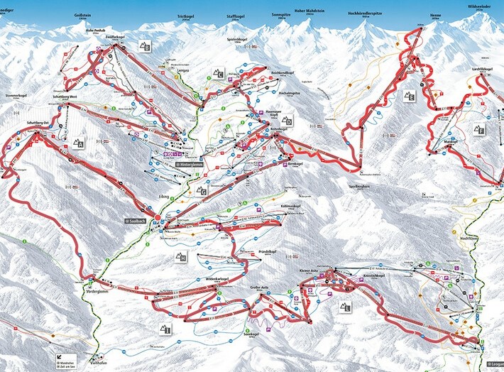 The Challenge: a Saalbach kihívás körtúra útvonala: 65 kilométernyi síelés változatos pályákon