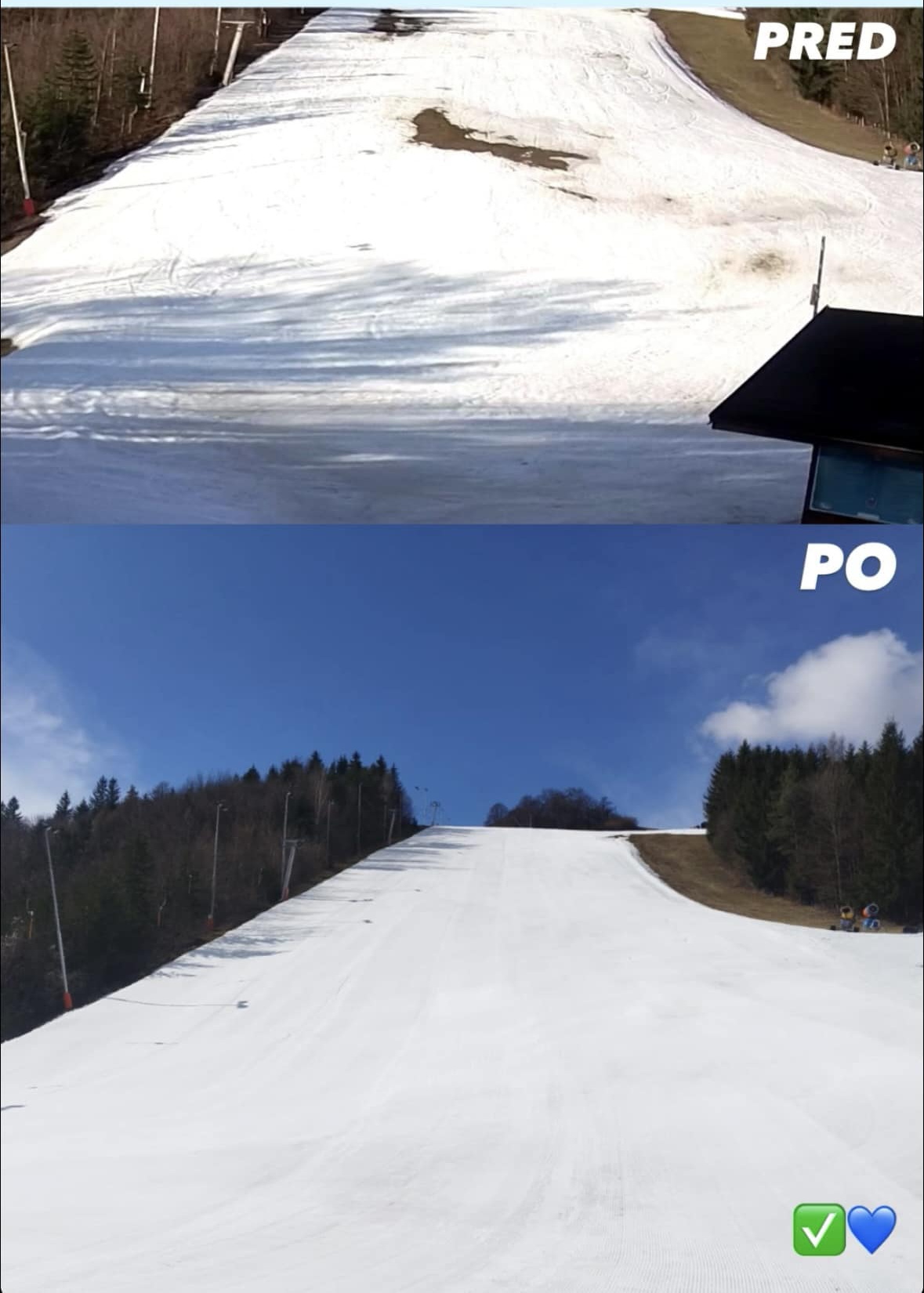 Havazás előtt és után. Selce - Cachovo. Hétközben csak esti síelés, de péntektől nappal is nyitva a hétvégére.