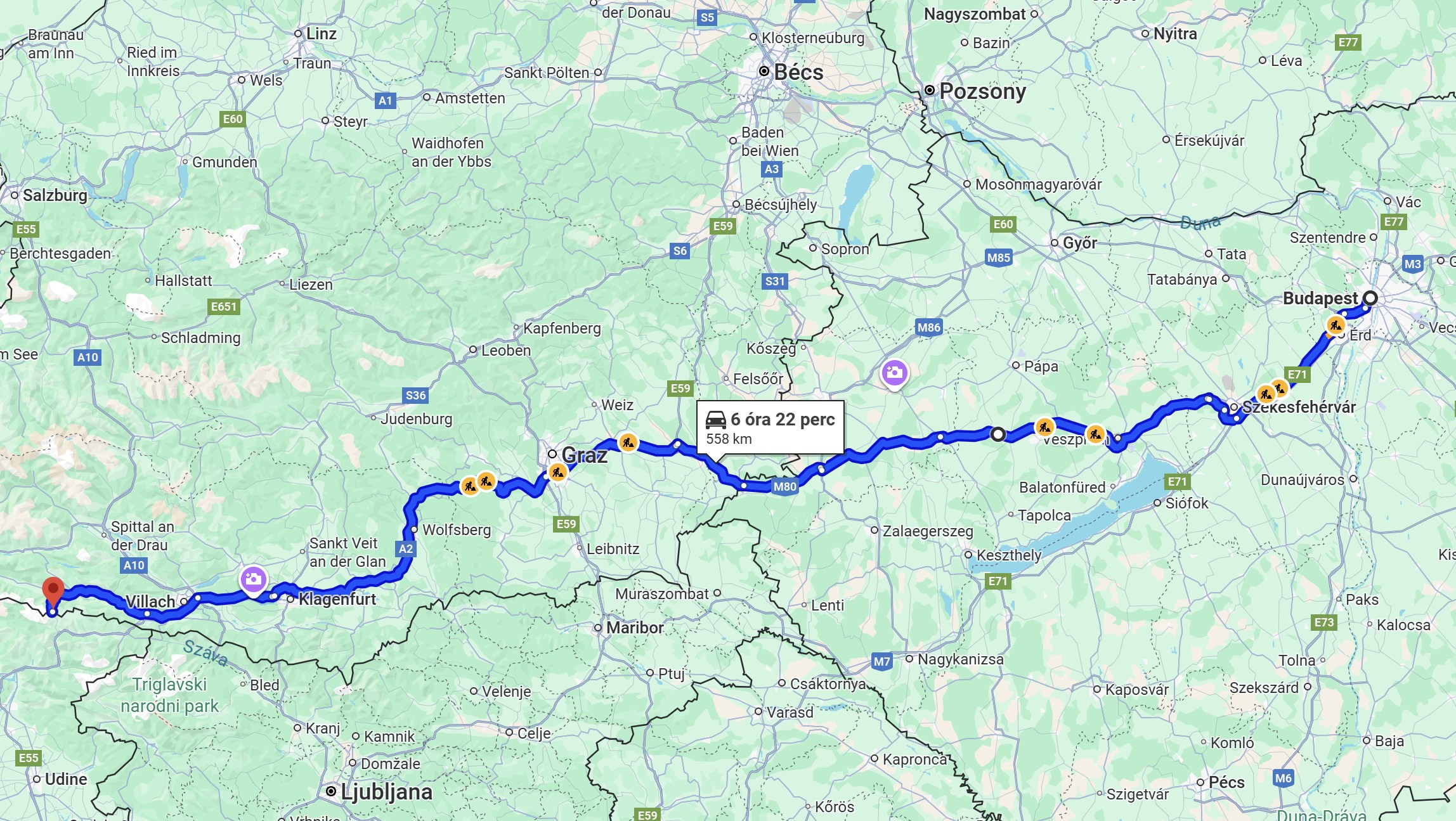 Az alternatív útvonal az M7 - 8-as út - M80-as gyorsforgalmi út irányában. (Forrás: Google Maps)