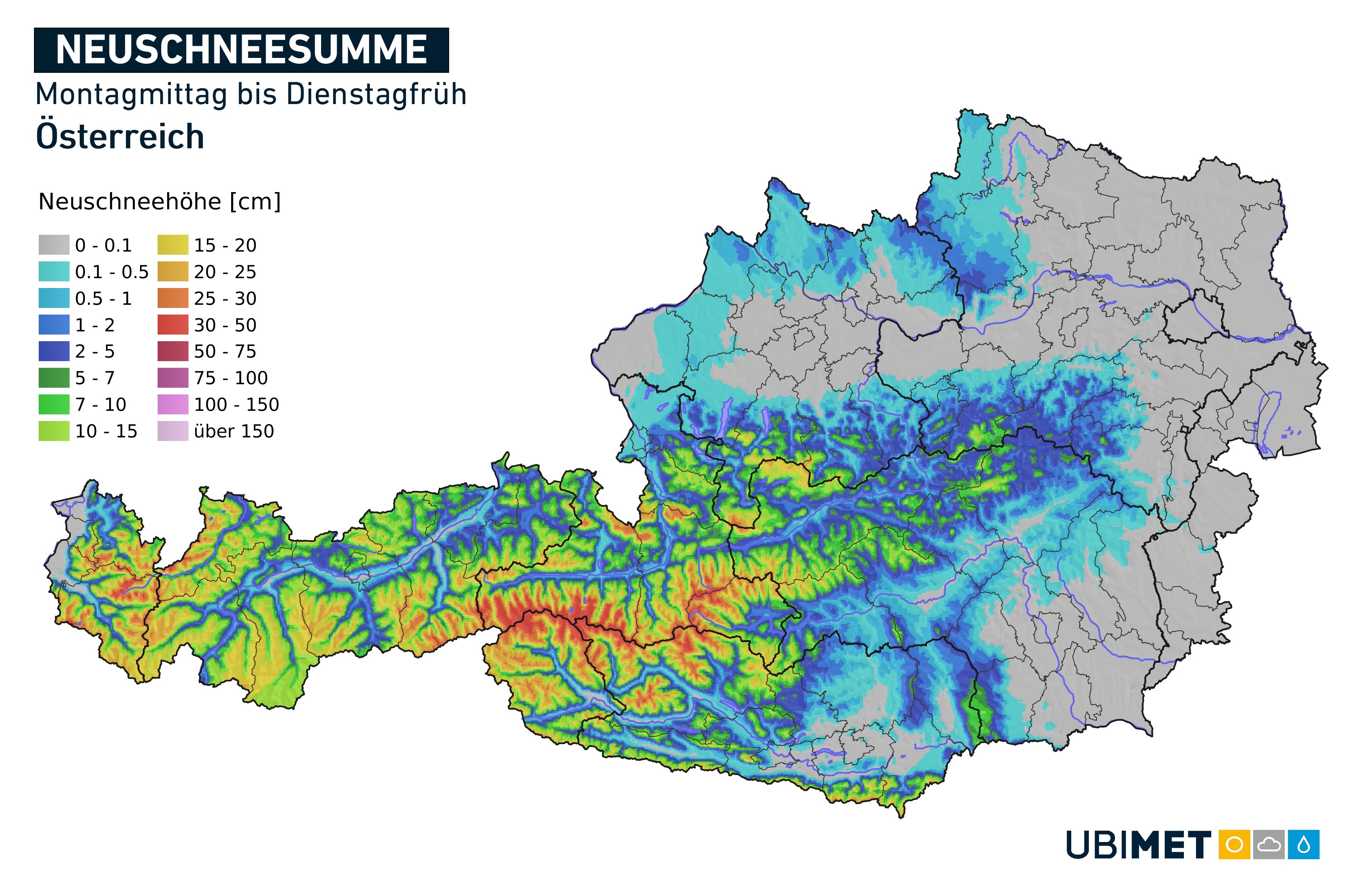 Ausztria: a kedd reggelre várható havazás térbeli és mennyiségi eloszlása