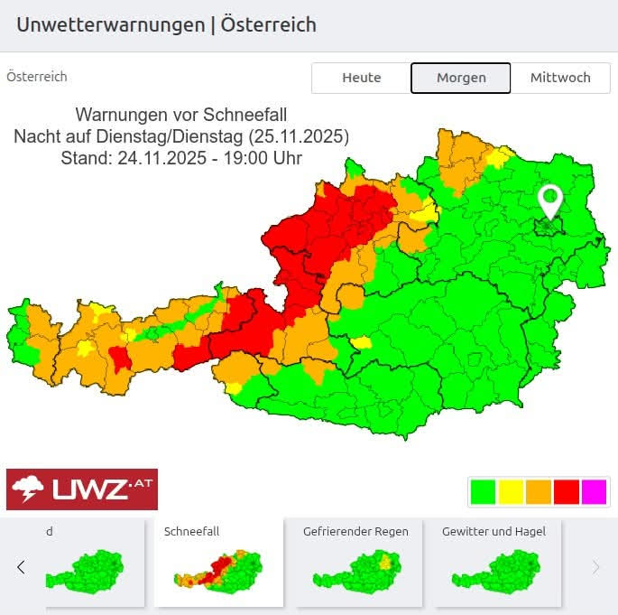 Mai napra kiadott hóriasztás, a piros régiók a leginkább érintettek, azaz Salzburg és Felső-Ausztria nagy része, továbbá a tiroli Zillervölgyi-Alpok - Fotó: UntwetterZentrale Österreich