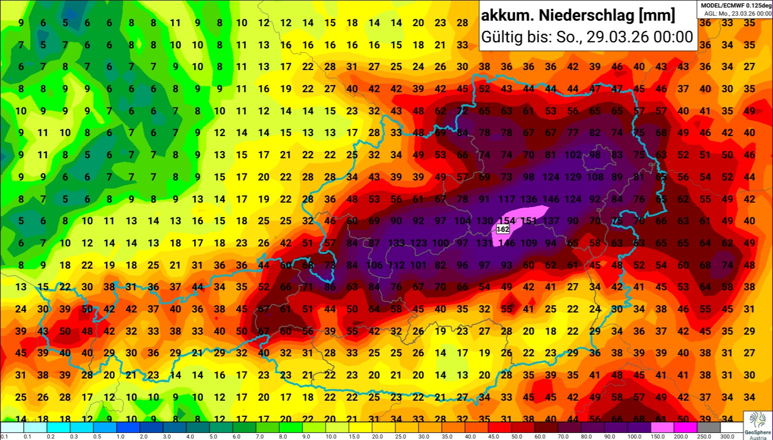 GeoSphere Austria (osztrák meteorológiai intézet) előrejezése a csapadék mennyiségéről vasárnapig