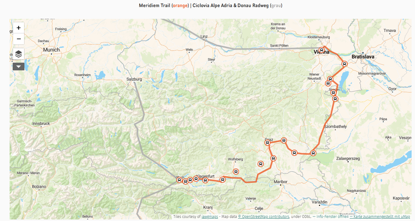 A 582 km hosszú kerékpáros útvonal Bécstől indulva Graz érintésével egészen Villachig, az olasz határig tart. | Forrás: meridiemtrail.com