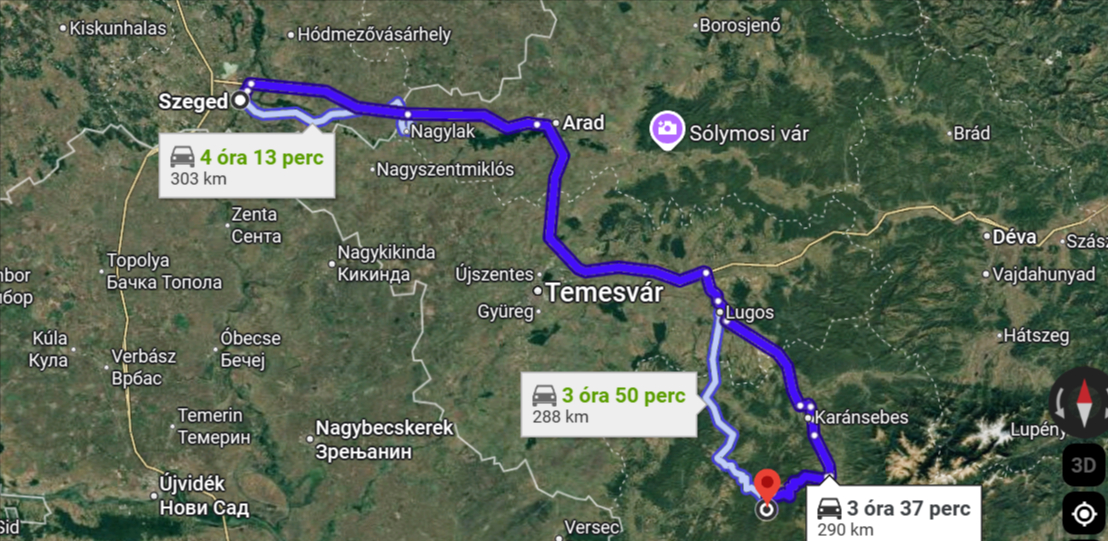 Szeged - Semenic útvonalterv | Kép: Google Maps
