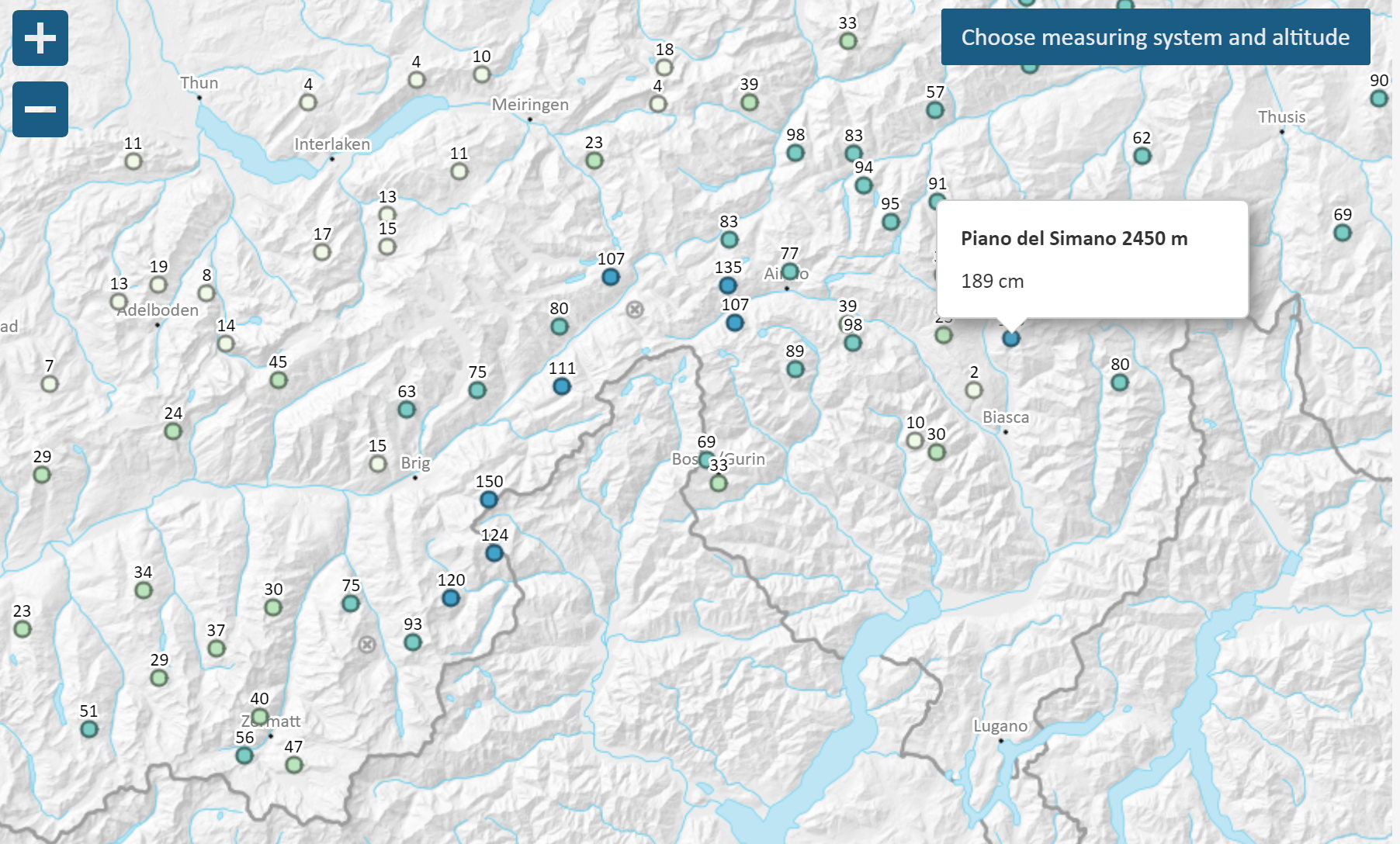 Mérőállomások Svájc déli részén (Térkép: Svájci Lavinakutató Intézet)