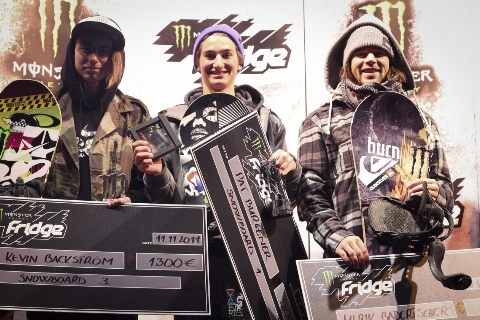 A 2011. évi Monster Energy Budapest Fridge Fesztivál snowboard versenyének győztesei: 1. Pat Burgener, 2. Ulrik Badertscher, 3. Kevin Backström