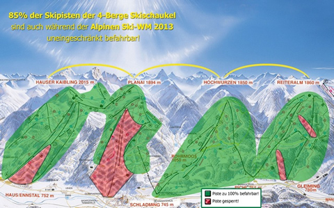 A schladmingi 4-hegy síhinta pályáinak 85%-a szabadon síelhető lesz a VB alatt is. A térképen pirossal jelölve látszik, mely pályarészeket zárják le a versenyek miatt.