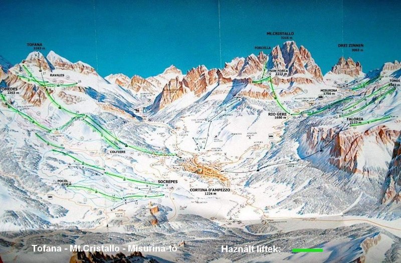Cortina D'Ampezzo régió áttekintő térképe. Zöldel jelzetteket használtuk